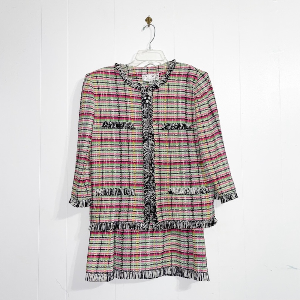 ST. JOHN COLLECTION Suit Pink Green White Jacket & Skirt 2 Piece Fringe Tweed 12